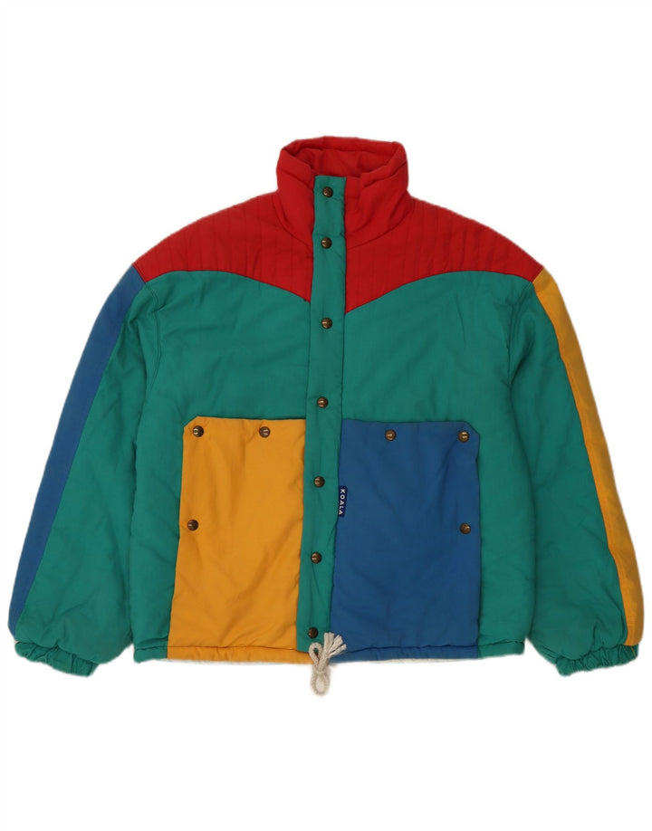 Giacca imbottita con cappuccio da donna vintage IT 42 Colorblock medio multicolore