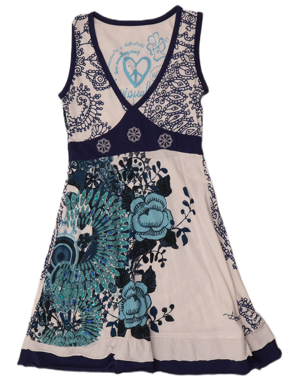 Desigual Abito da donna senza maniche a trapezio UK 14 Grande cotone floreale bianco