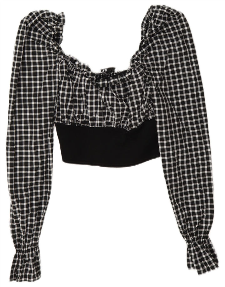 Top corto a maniche lunghe da donna Zara UK 12 medio nero a quadretti in poliammide