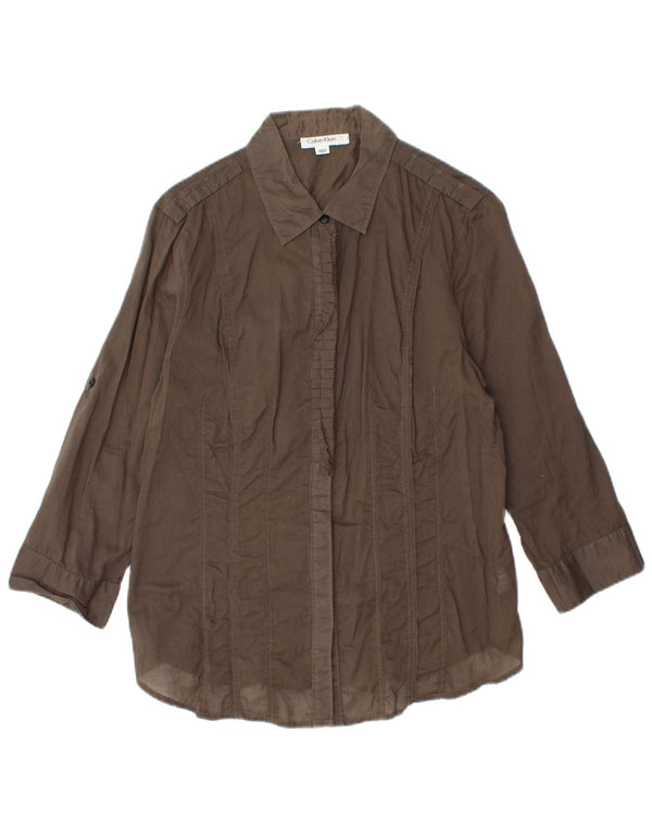 CALVIN KLEIN Camicia da donna con maniche a 3/4 con volant sul davanti UK 14 Large Marrone Cotone