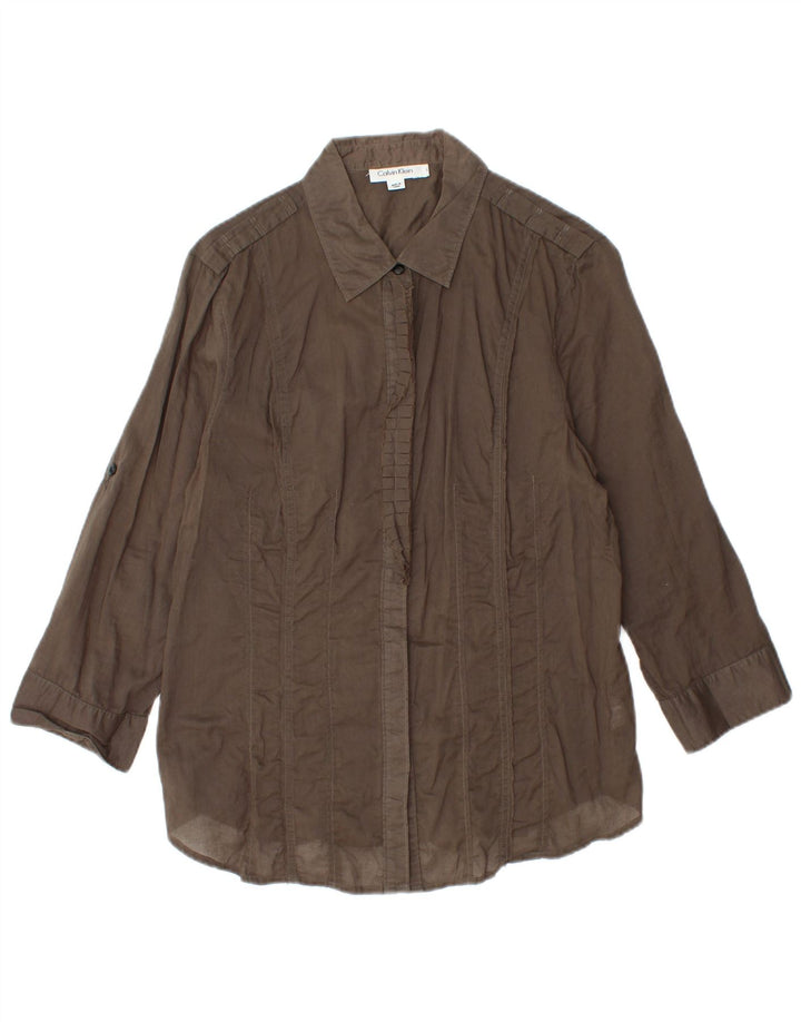 CALVIN KLEIN Camicia da donna con maniche a 3/4 con volant sul davanti UK 14 Large Marrone Cotone