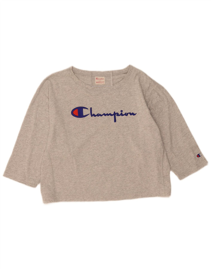 CHAMPION Womens Crop Graphic Top 3/4 Sleeve UK 14 Medium Grey