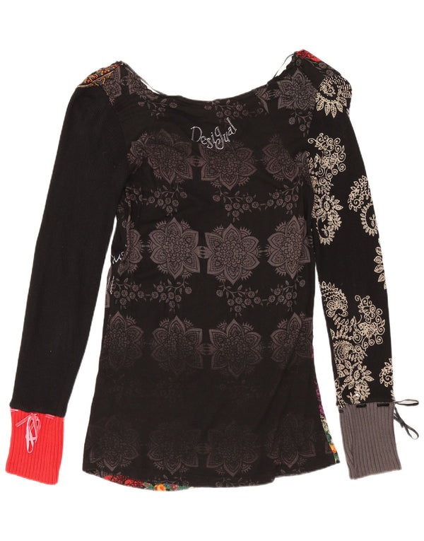 DESIGUAL Top grafico da donna manica lunga UK 12 cotone floreale nero medio