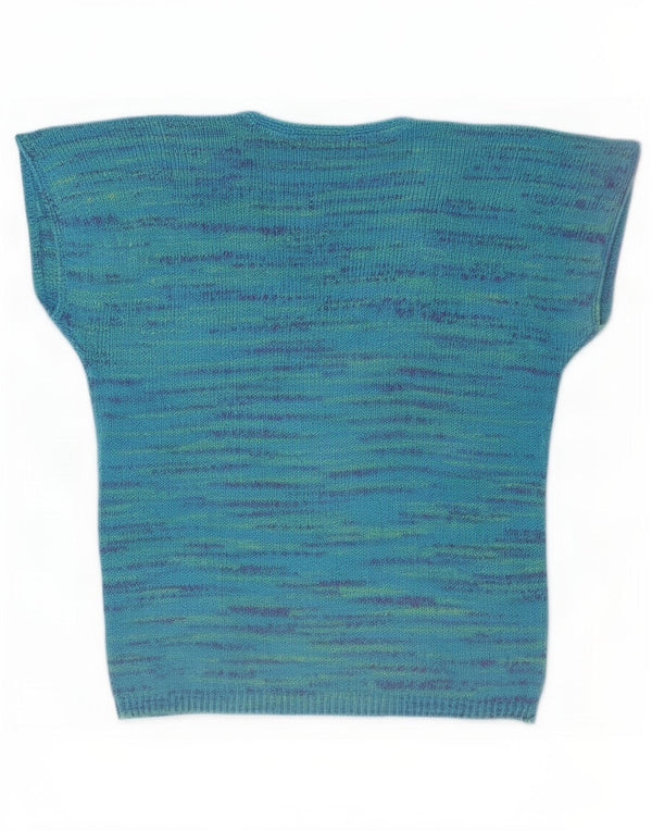 Maglione vintage da donna a maniche corte con scollo a V UK 18 XL blu screziato