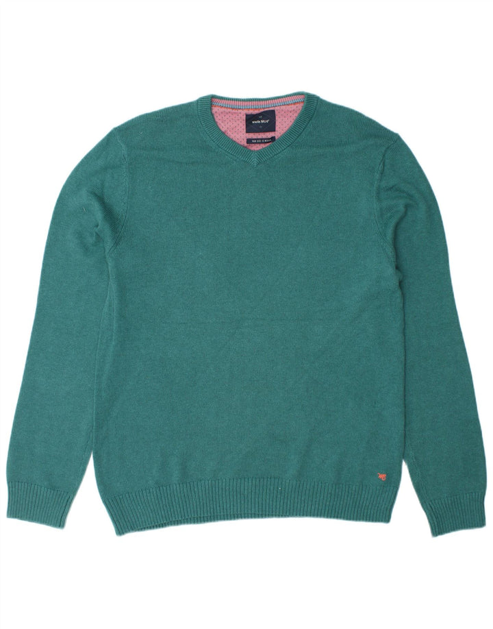 WHITE STUFF Mens V-Neck Jumper Sweater Medium Turquoise Cotton