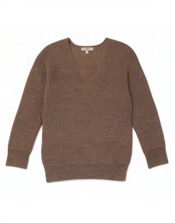 Maglione maglione con scollo a V da donna Marks & Spencer UK 10 piccolo poliestere marrone