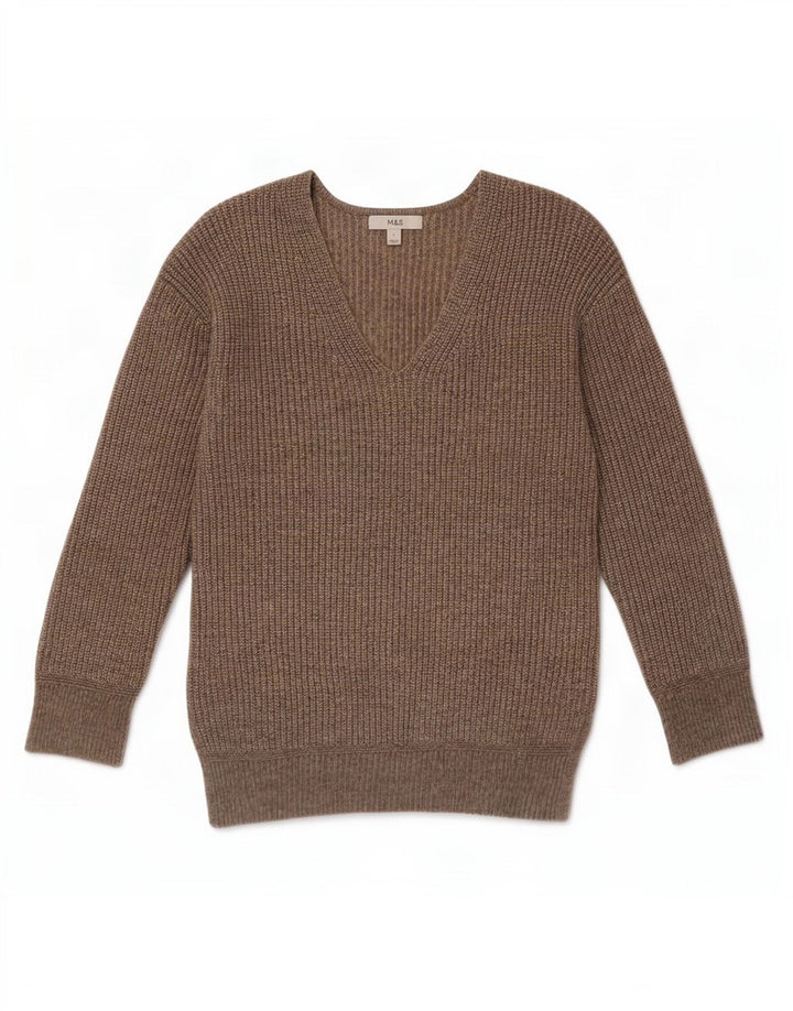 Maglione maglione con scollo a V da donna Marks & Spencer UK 10 piccolo poliestere marrone