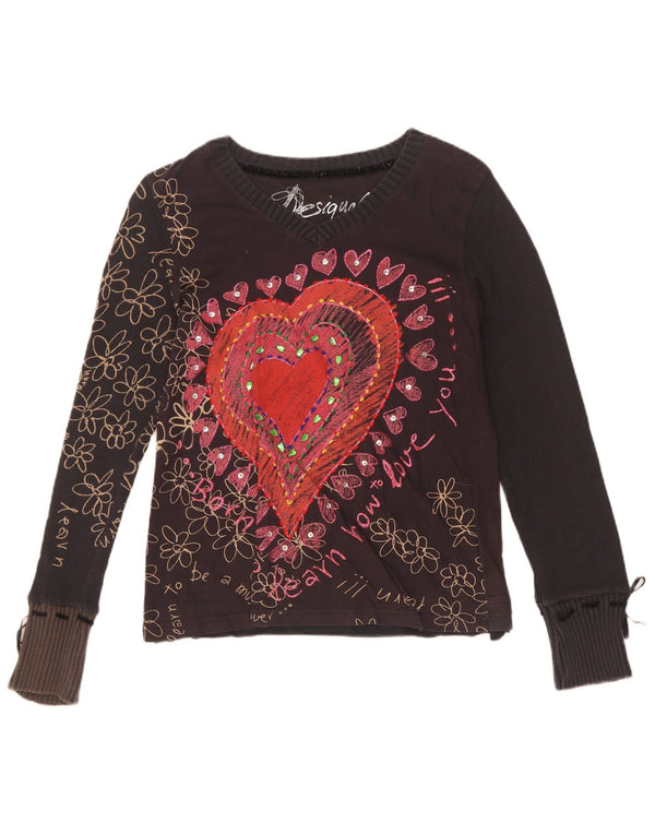 Desigual Donna Graphic Top Manica Lunga UK 18 XL Nero Floreale Cotone Cuore