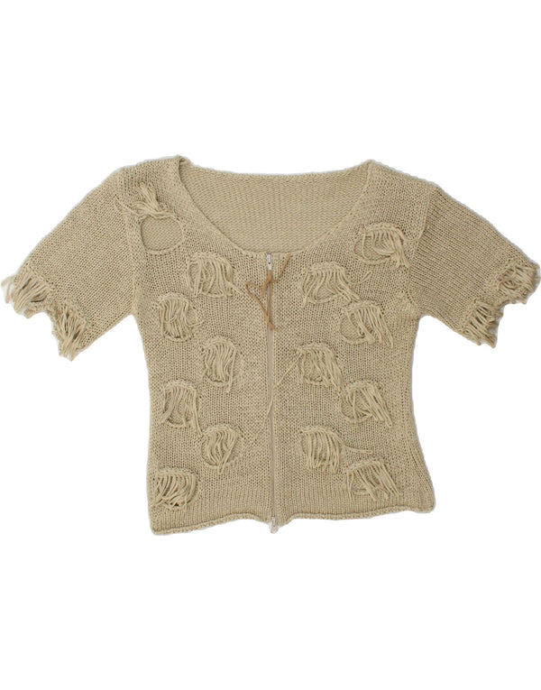 Maglione cardigan a maniche corte da donna VINTAGE UK 10 piccolo cotone beige