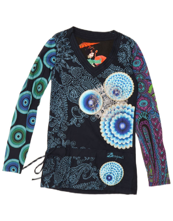Desigual Donna Graphic Top Manica Lunga UK 10 Small Blu Navy