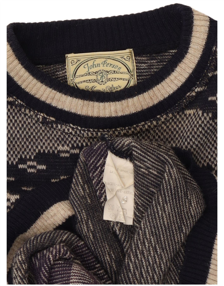 Maglione girocollo da uomo vintage in lana geometrica blu navy medio