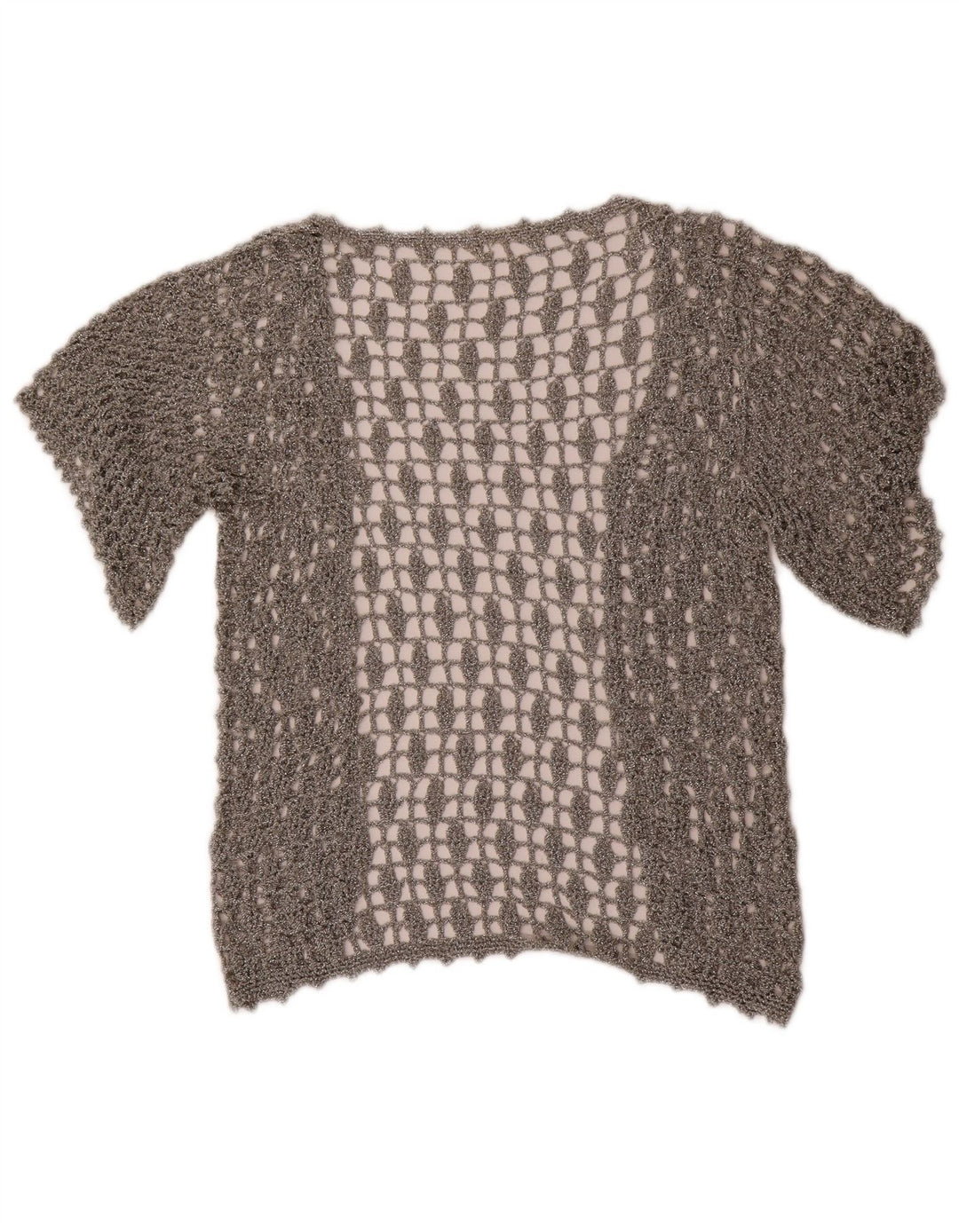Top cardigan all'uncinetto a maniche corte da donna vintage UK 12 argento medio