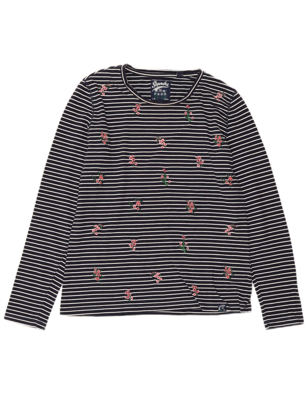 Top da donna a manica lunga SUPERDRY UK 10 piccolo cotone a righe blu navy