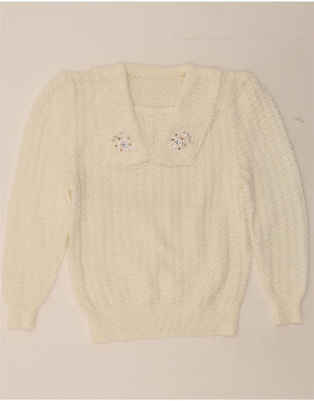 VINTAGE Womens Polo Neck Jumper Sweater UK 14 Medium White Vintage Vintage and Second-Hand Vintage from Messina Hembry 