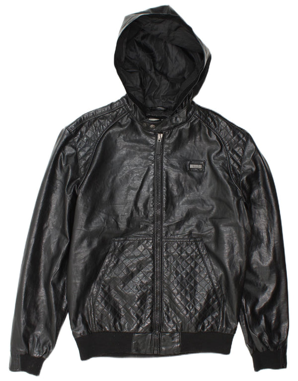 Giubbotto bomber da uomo in ecopelle con cappuccio Ecko Unltd UK 38 medio nero