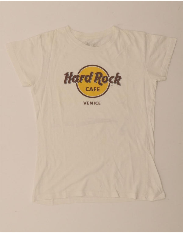 T-shirt grafica da donna Hard Rock Cafe Venice Top UK 12 cotone bianco medio