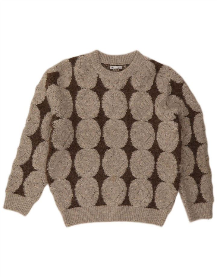 Maglione maglione girocollo da donna Zara UK 16 Grande poliestere geometrico beige