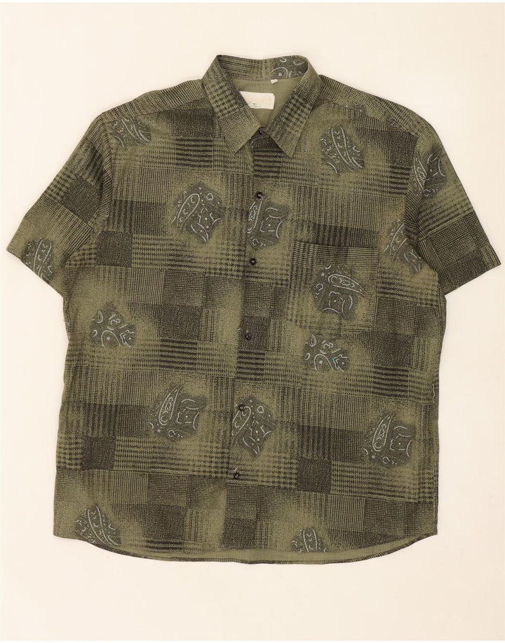 Camicia a maniche corte vintage da uomo con motivo astratto XL in viscosa kaki