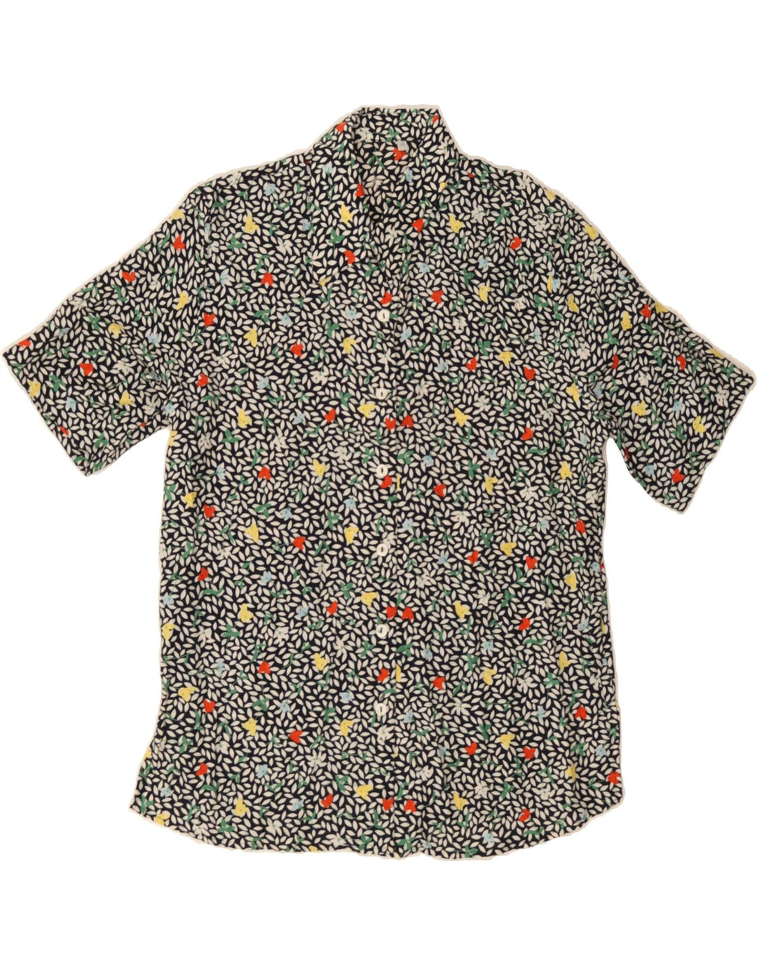 VINTAGE Womens Short Sleeve Shirt EU 40 Medium Navy Blue Floral Viscose Vintage Vintage and Second-Hand Vintage from Messina Hembry 