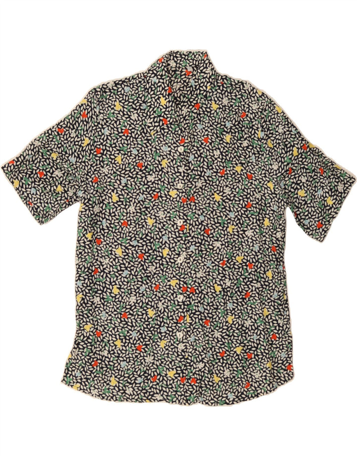 VINTAGE Womens Short Sleeve Shirt EU 40 Medium Navy Blue Floral Viscose Vintage Vintage and Second-Hand Vintage from Messina Hembry 