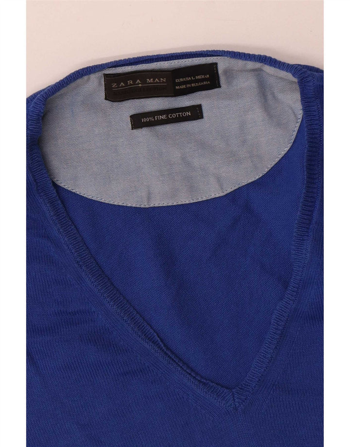 Maglione Zara da uomo con scollo a V grande in cotone blu