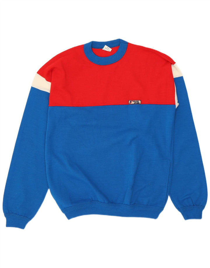 Maglione maglione girocollo da uomo VINTAGE blu medio in acrilico color block