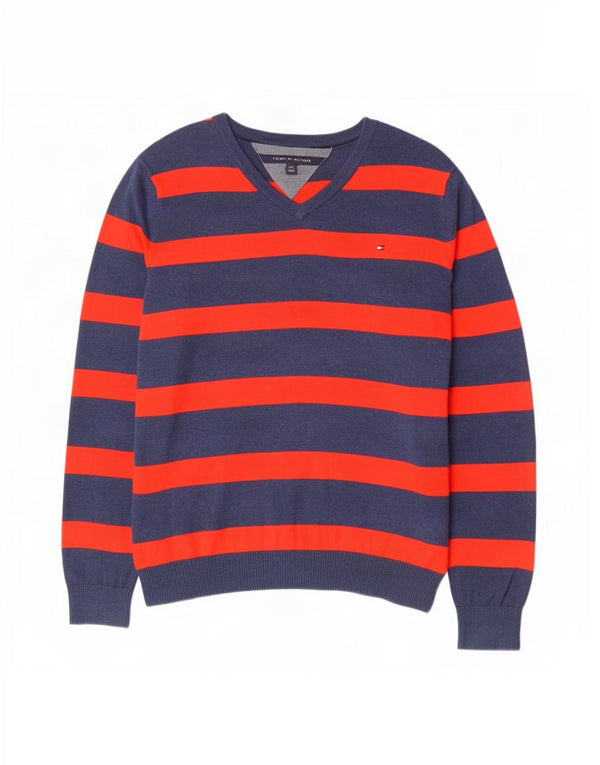 Maglione maglione con scollo a V da uomo Tommy Hilfiger grande cotone a righe blu navy