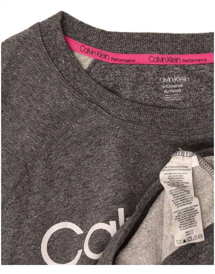 CALVIN KLEIN Felpa con grafica corta da donna UK 18 XL Grigio chiazzato