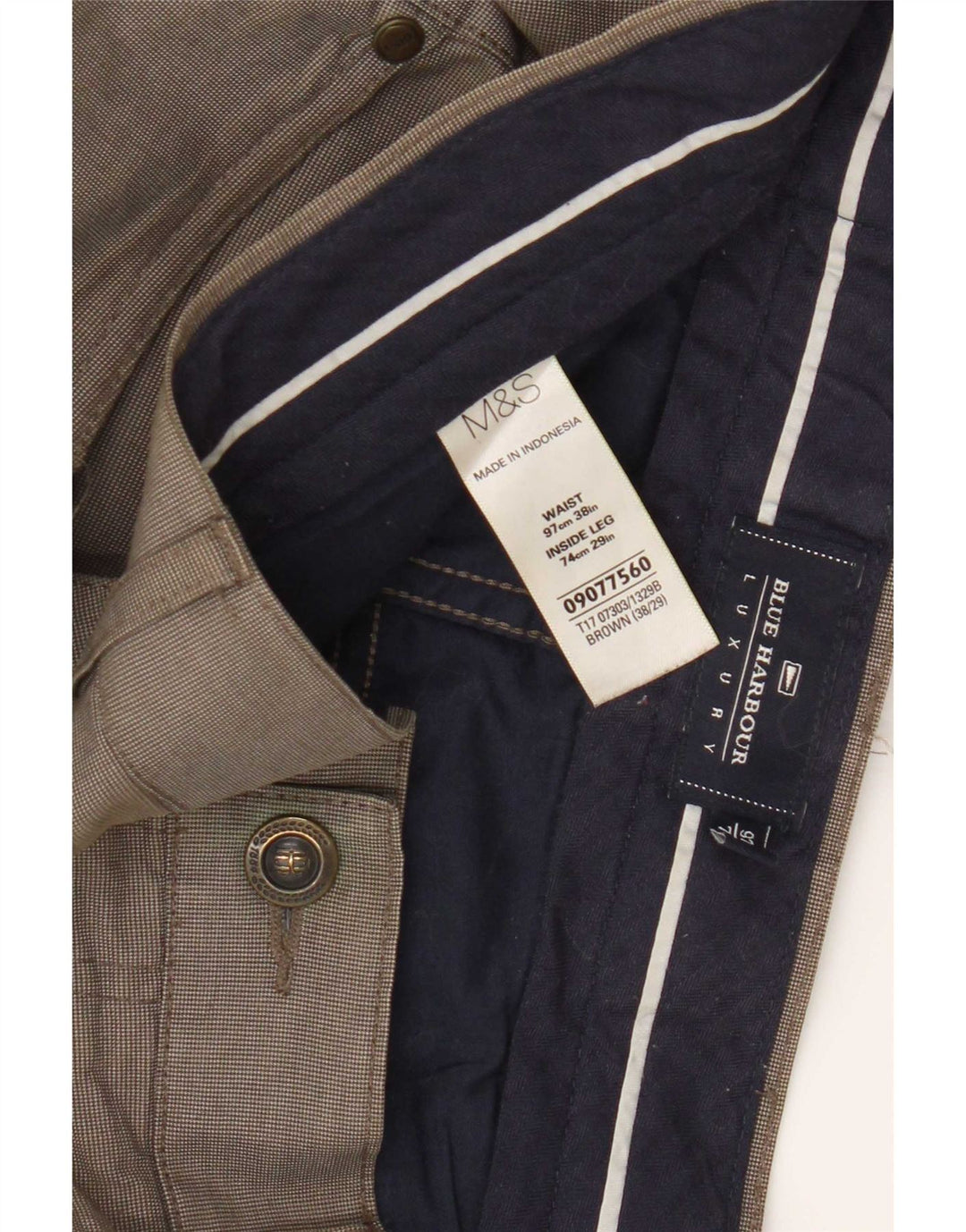 Pantaloni chino da uomo Marks & Spencer Blue Harbour W38 L29 a quadri marroni