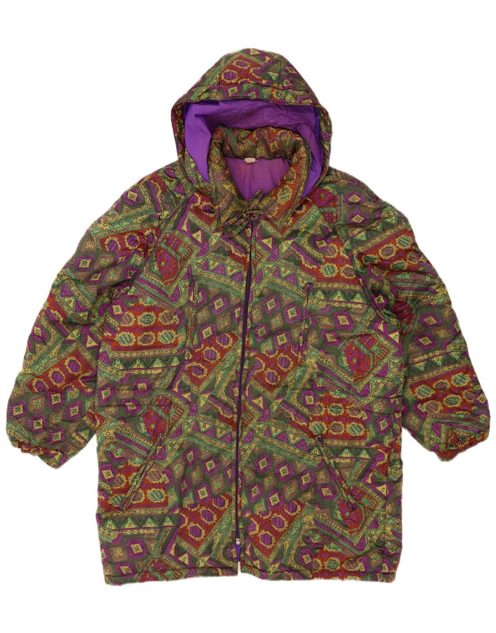 Giacca imbottita con cappuccio da donna VINTAGE UK 18 XL multicolore geometrica