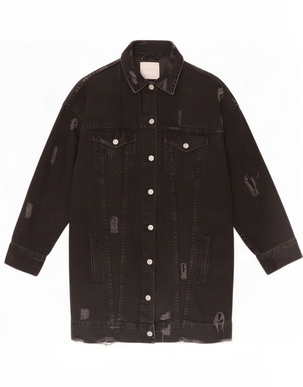 Zara Womens Trafaluc Distressed Denim Coat UK 10 Small Black Cotton