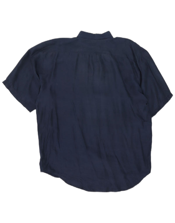 Camicia vintage da uomo a maniche corte XL in seta blu navy