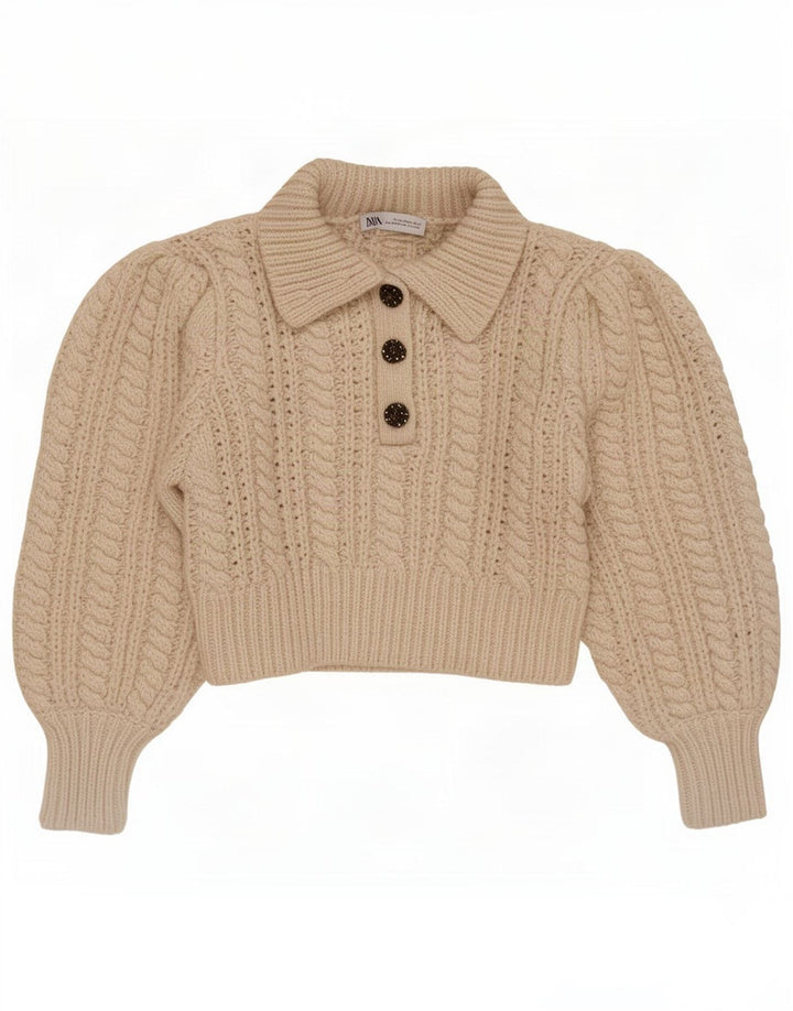 Maglione corto con collo a polo da donna Zara UK 14 Poliestere beige medio
