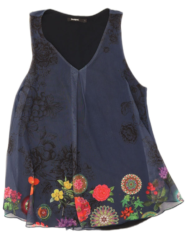 Desigual Donna Camicetta Senza Maniche Top UK 14 Grande Blu Navy Floreale