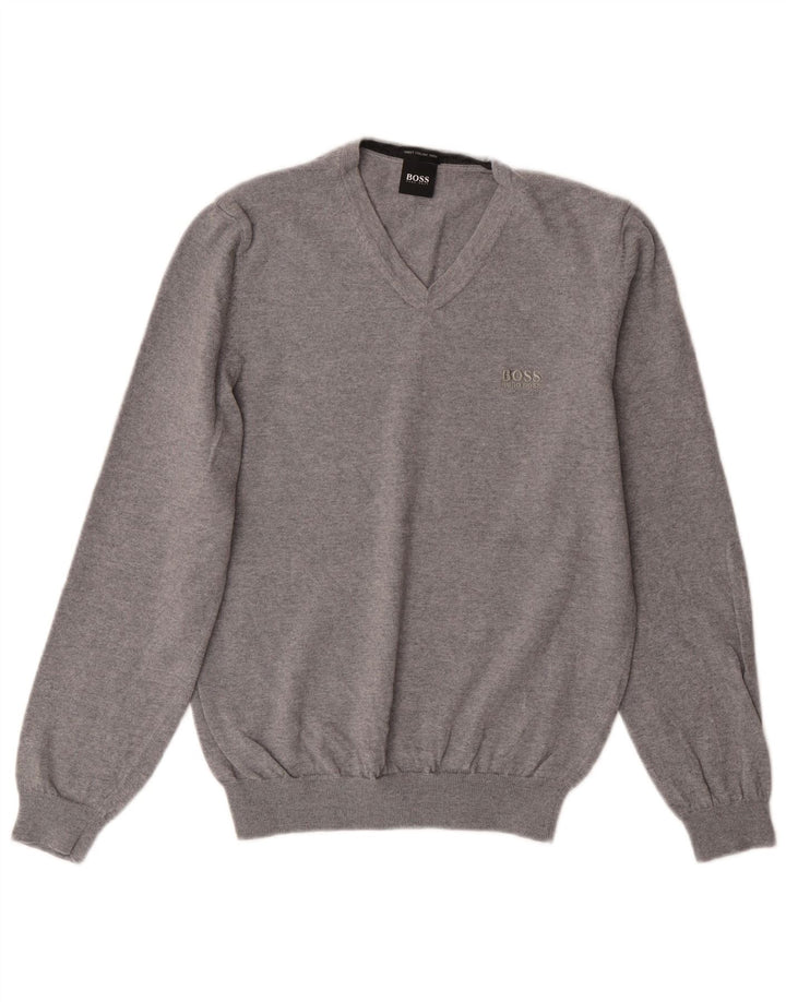 Maglione maglione con scollo a V da donna HUGO BOSS UK 10 piccolo grigio