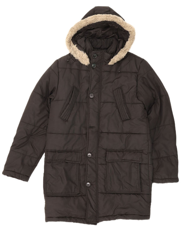 Zara Mens Hooded Padded Coat UK 42 XL Black Polyester