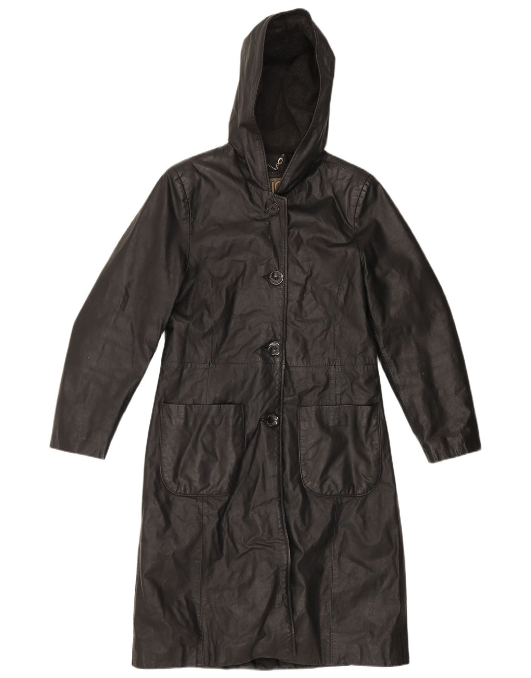 Cappotto in pelle con cappuccio da donna vintage IT 44 in pelle nera media