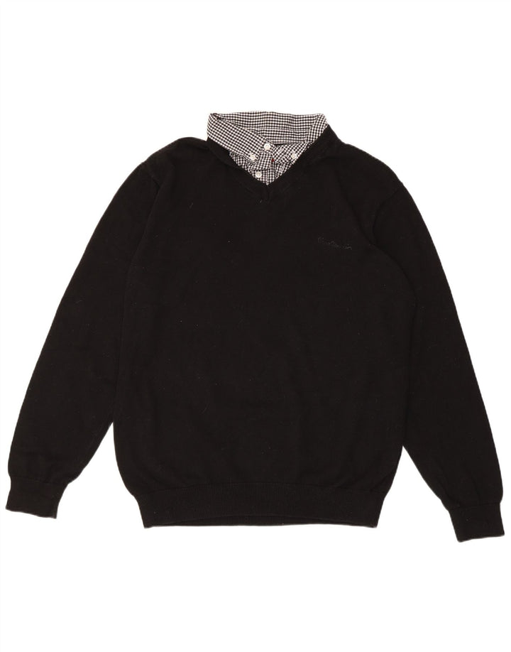 PIERRE CARDIN Maglione da donna con scollo a V UK 18 XL Cotone a quadri nero