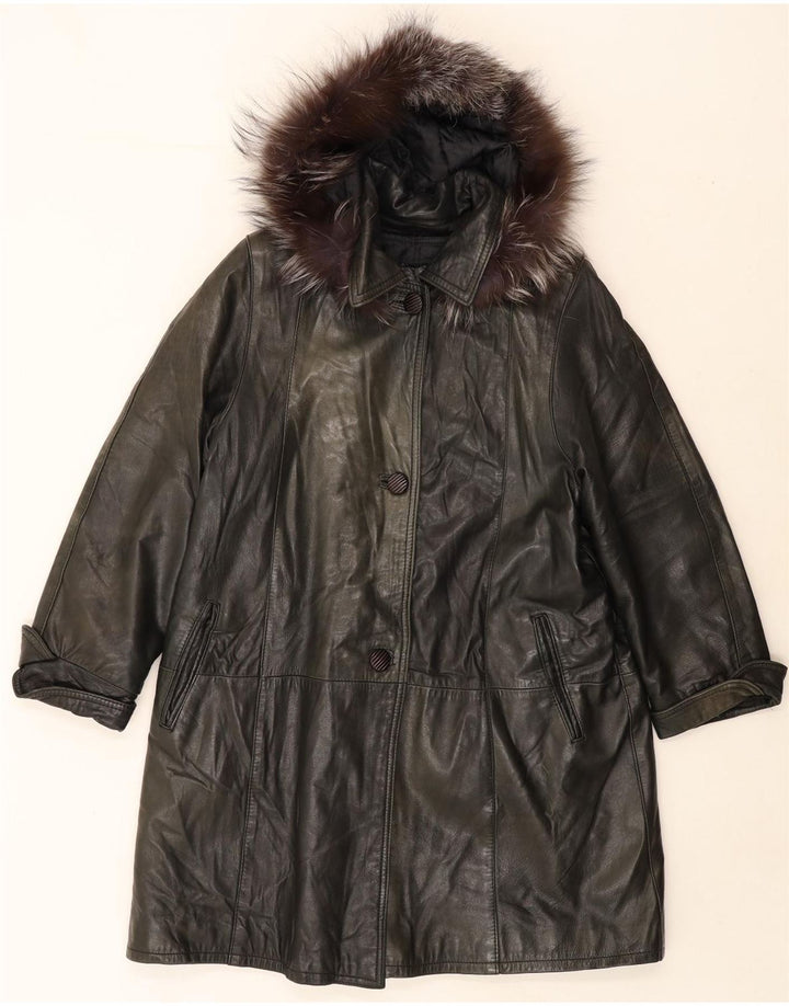 VINTAGE Womens Hooded Leather Coat UK 14 Medium Green Vintage Vintage and Second-Hand Vintage from Messina Hembry 