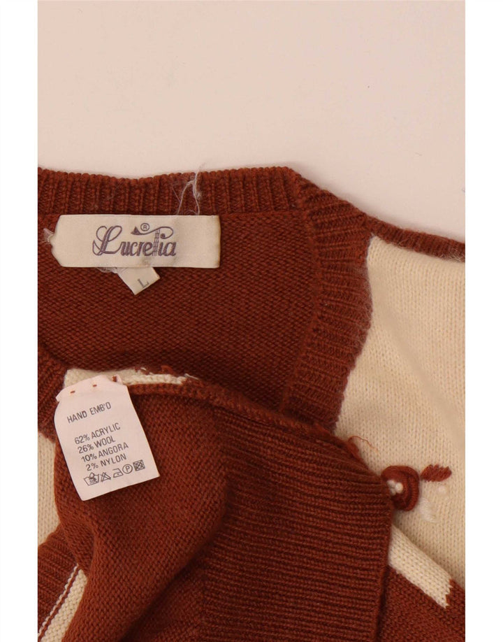 Maglione cardigan da donna vintage UK 14 Large Marrone Patchwork acrilico