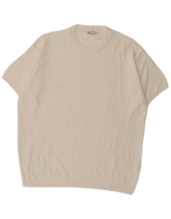 Zara Uomo Maglione Girocollo Manica Corta Maglione Grande Cotone Bianco Sporco