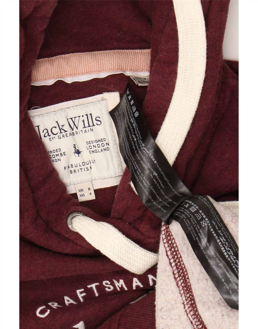 Maglione con cappuccio grafico da donna Jack Wills UK 8 piccolo cotone bordeaux