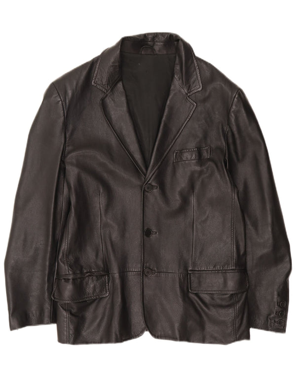 Giacca blazer in pelle vintage da uomo a 3 bottoni IT 50 grande in pelle nera