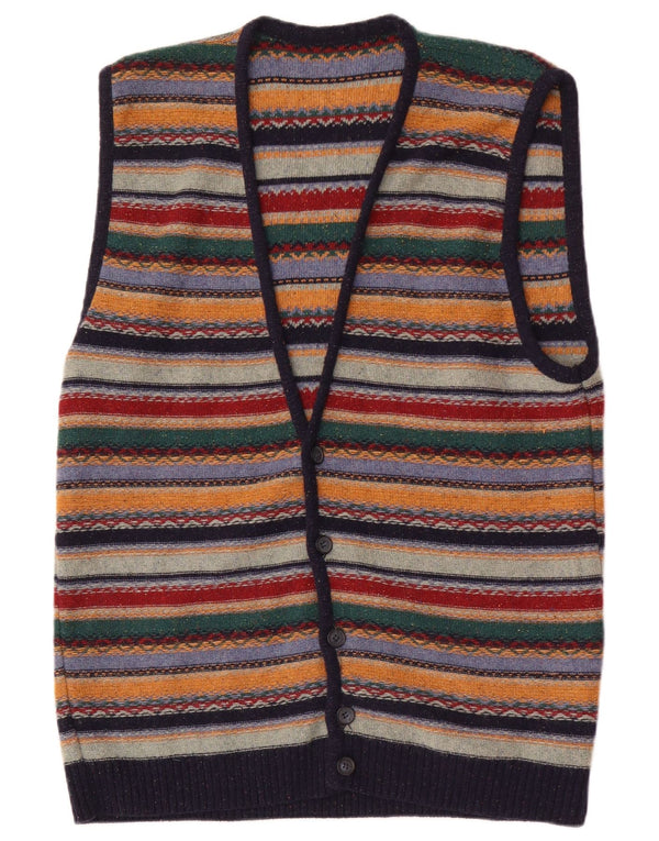 Maglione cardigan senza maniche vintage da uomo in lana a righe multicolori medie