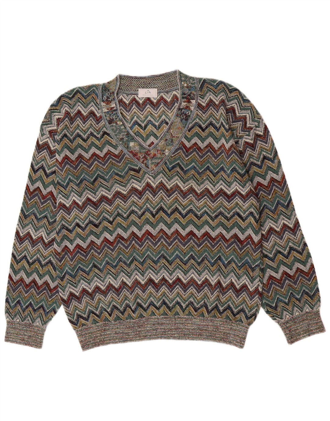 Maglione vintage da uomo con scollo a V grande acrilico Chevron multicolore