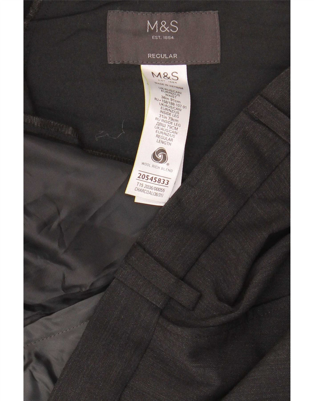 Pantaloni da abito vestibilità regolare da uomo Marks & Spencer W36 L31 lana grigia