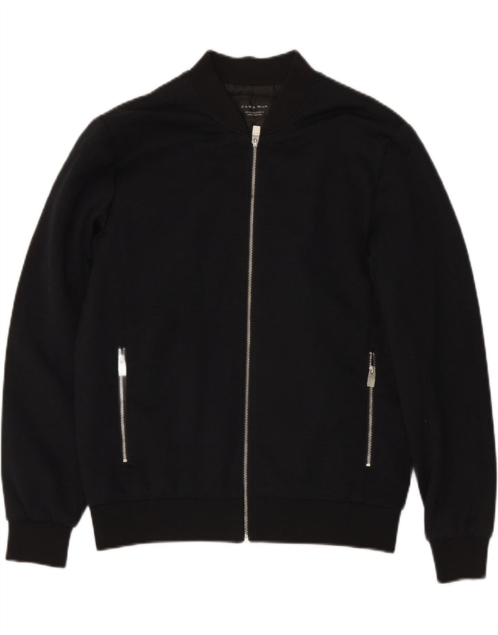ZARA Mens Bomber Jacket UK 38 Medium Navy Blue Polyester