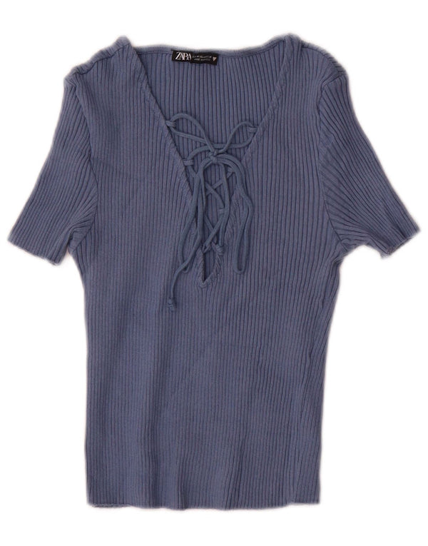 Top corto da donna Zara in camicetta UK 12 cotone medio blu navy