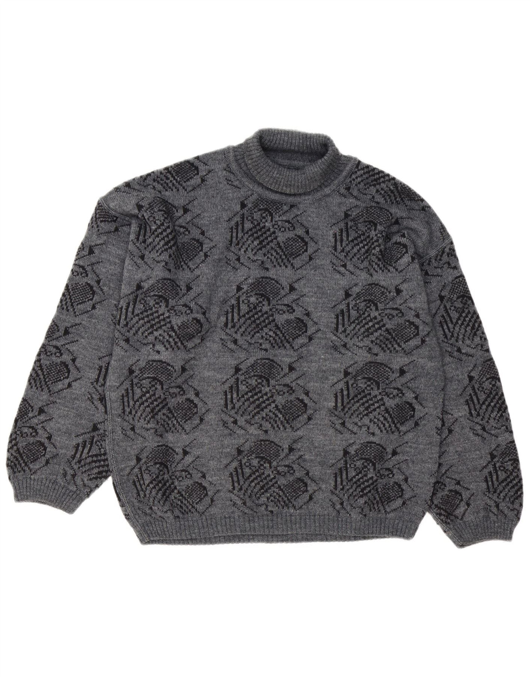 Maglione maglione collo alto con motivo astratto vintage da uomo grande grigio