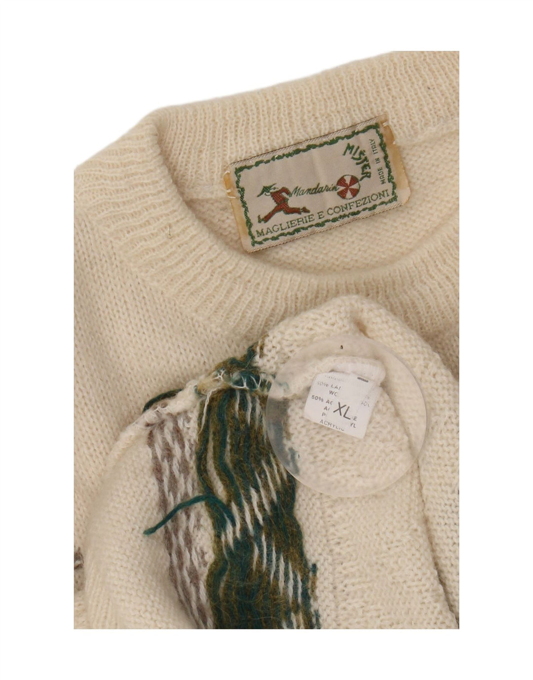 VINTAGE Mens Crew Neck Jumper Sweater XL Off White Geometric Wool Vintage Vintage and Second-Hand Vintage from Messina Hembry 